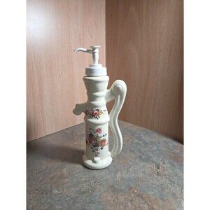Athena Pottery Soap Dispenser White With Roses No Chips 8.5” Tall & Works